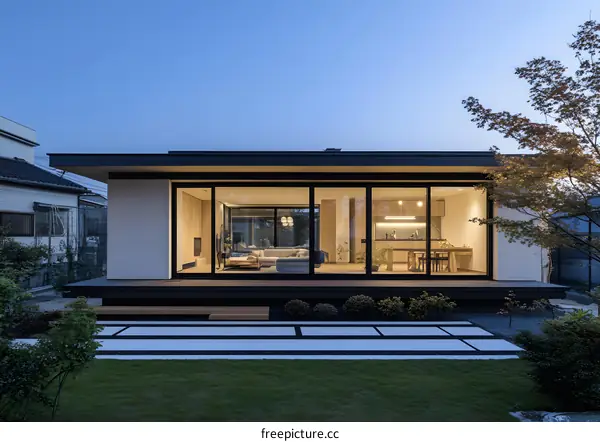 Modern Minimalist Home with Large Glass Windows and a  Spacious Backyard in Japan