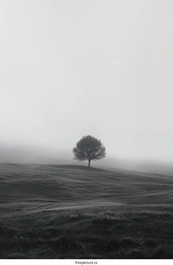 Black and white photo of a lonely tree on a hill shrouded in fog