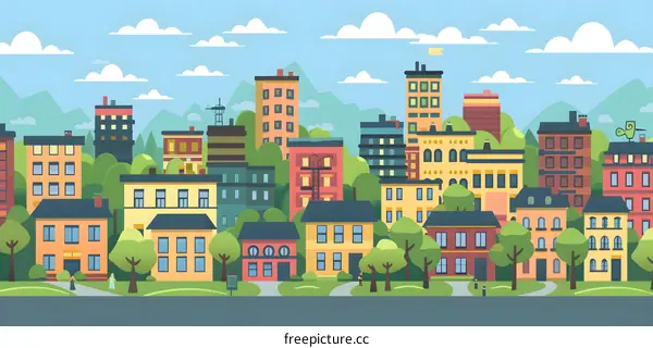 Cartoon Illustration of Cityscape with Buildings and Trees