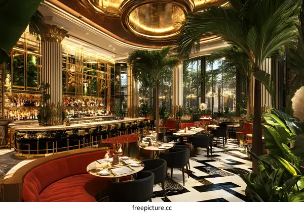 Luxury Restaurant Interior Design With Gold Accents And Tropical Plants