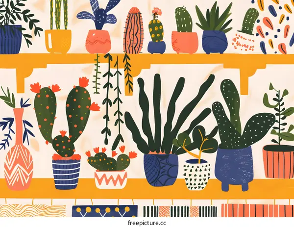 Colorful Illustration of Potted Plants and Cactus on Shelves