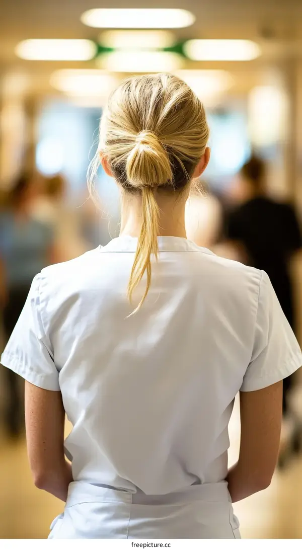 Caucasian Woman in Medical Uniform Back View in Hospital Corridor