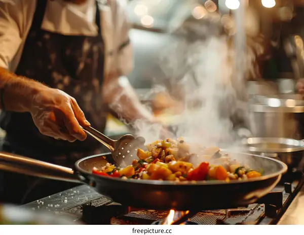 Stir-frying in a hot pan with steam coming out