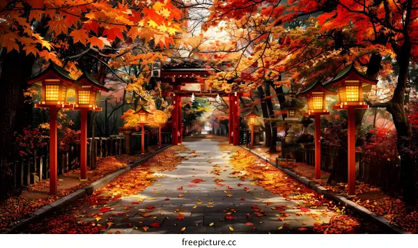 Autumn pathway with traditional Japanese lanterns