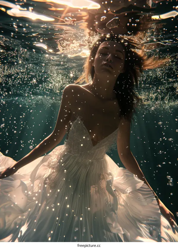 Woman in White Dress Floating Underwater
