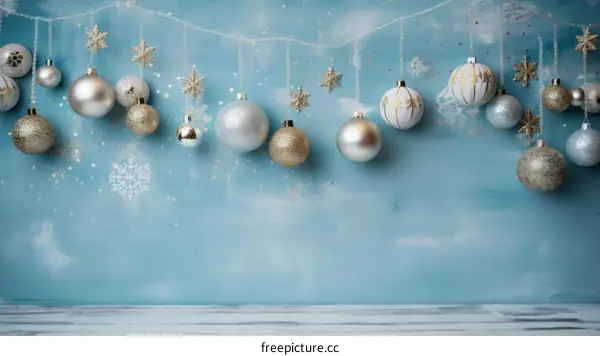 Christmas Ornaments Hanging from a String on a Blue Background