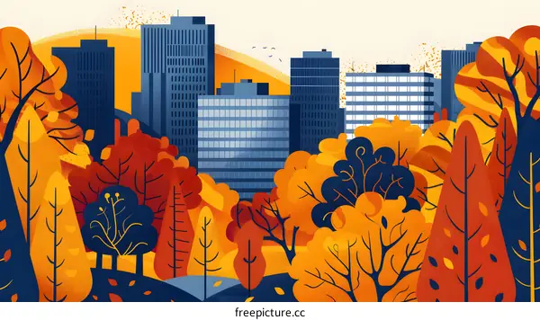 Autumn Cityscape With Colorful Trees