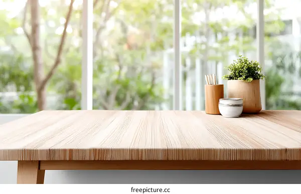 Wooden Table Top with Plants and View