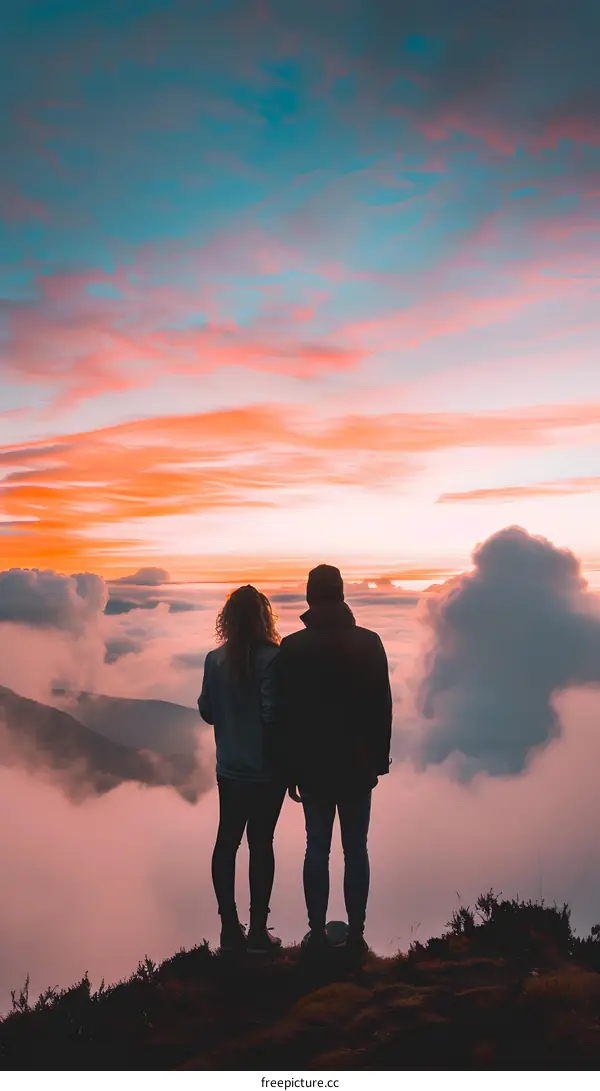 Couple Silhouette Standing On Mountaintop Against Sunset Sky