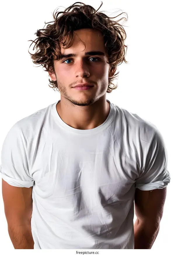 Portrait of a handsome young man with curly hair and blue eyes