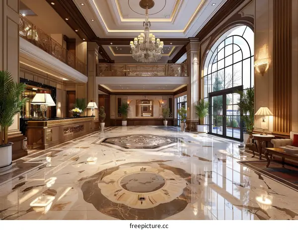 Lavish Hotel Lobby with Marble Finishes and Grand Chandelier