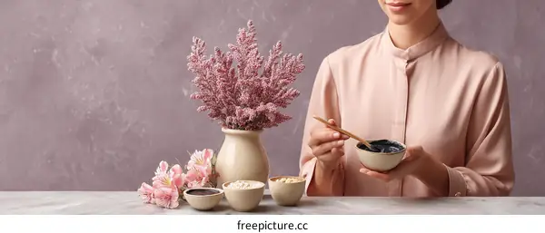 Woman Preparing Natural Facial Mask with Flowers