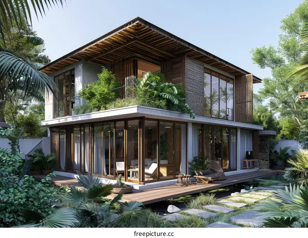 Modern tropical house with green garden and natural materials
