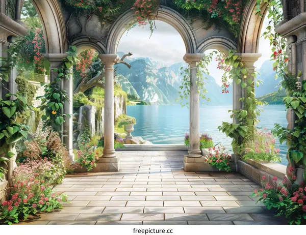 Balcony with flowers and a view of the lake and mountains