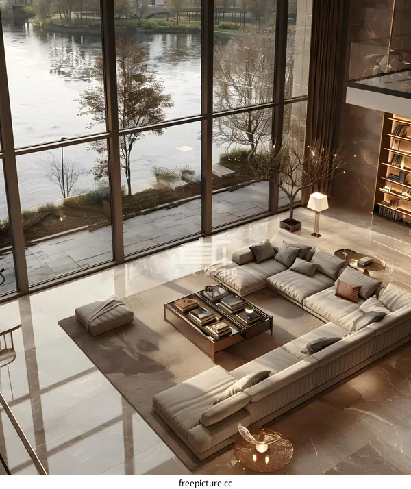 Bright modern living room interior with large windows overlooking river