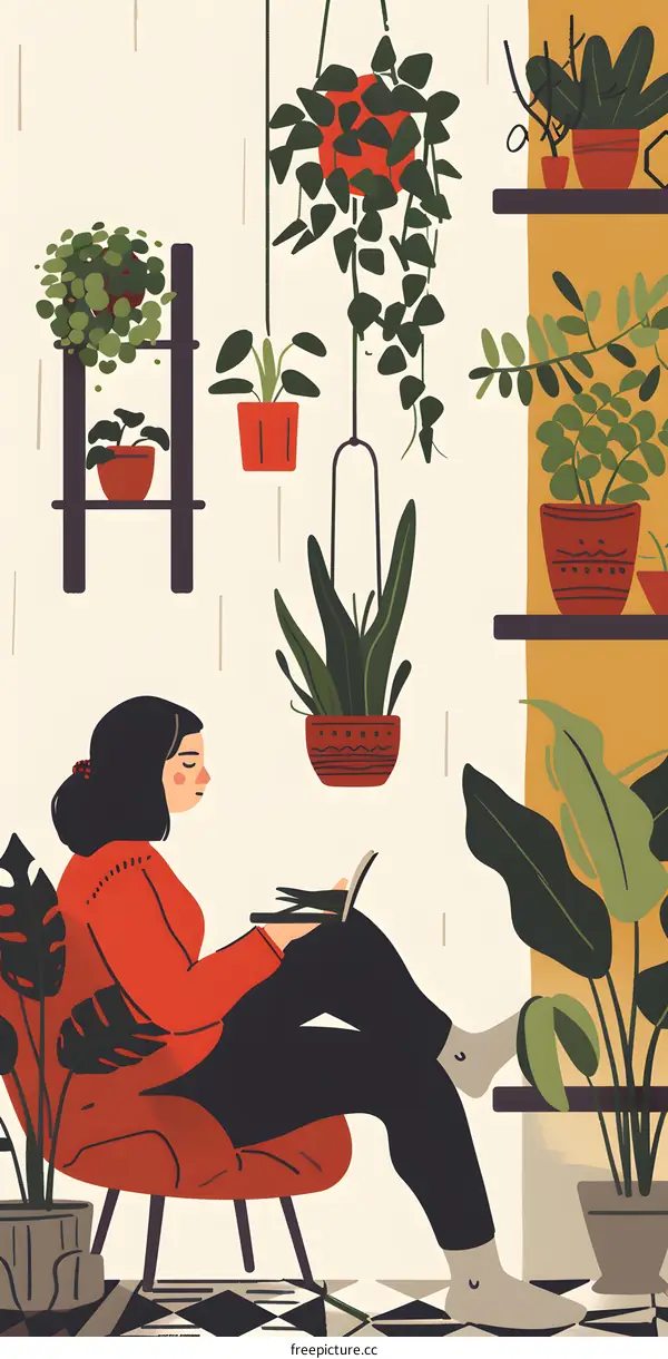 Woman Reading a Book in a Room Filled with Plants