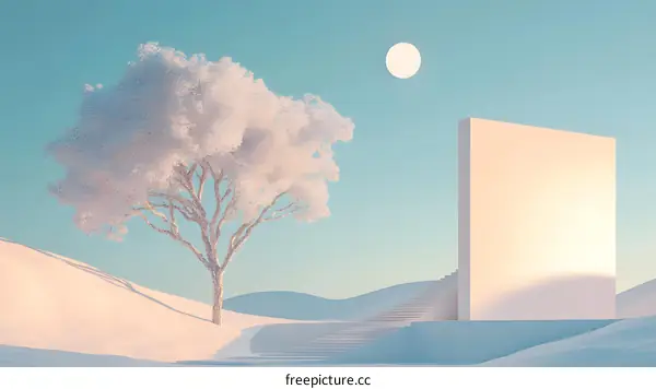 Minimalist White Tree with Stairs Leading to Large Wall