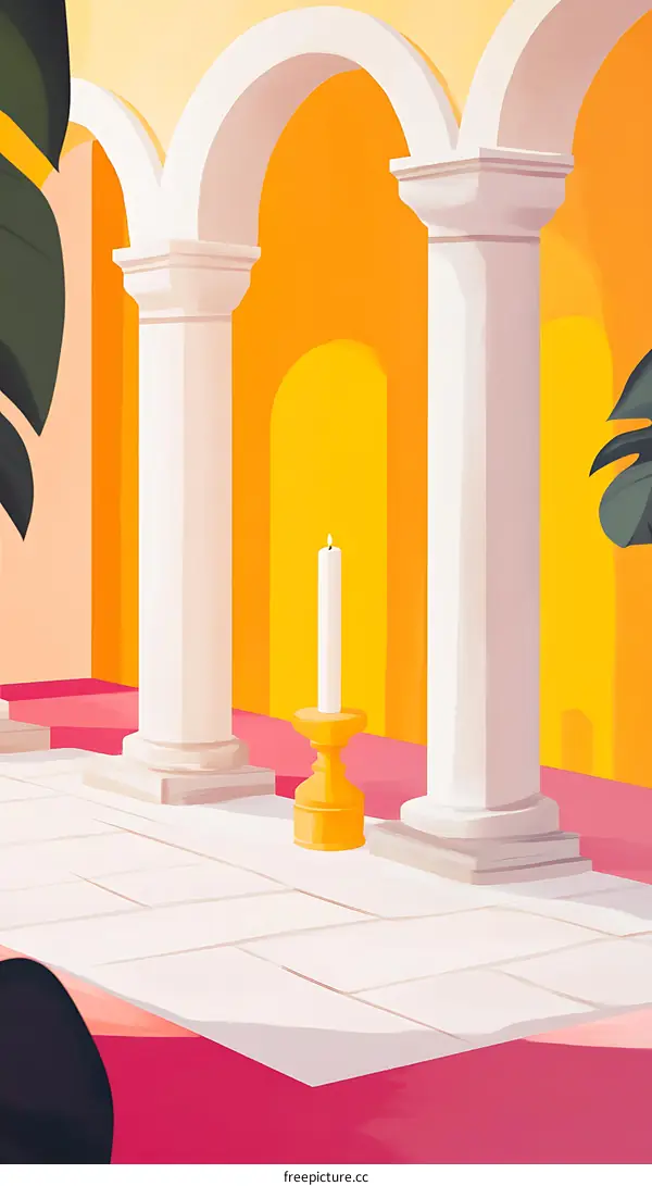 Abstract Illustration of a Courtyard with Columns and Candle