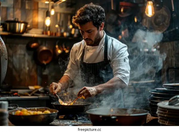 Focused male chef tossing food in a saute pan