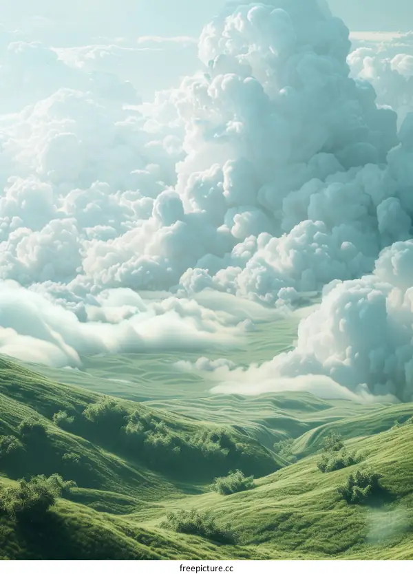 Dreamlike Green Hills Beneath a Sky of Clouds