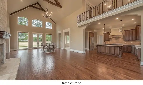 Spacious Open Concept Home Interior with High Ceilings and Large Windows