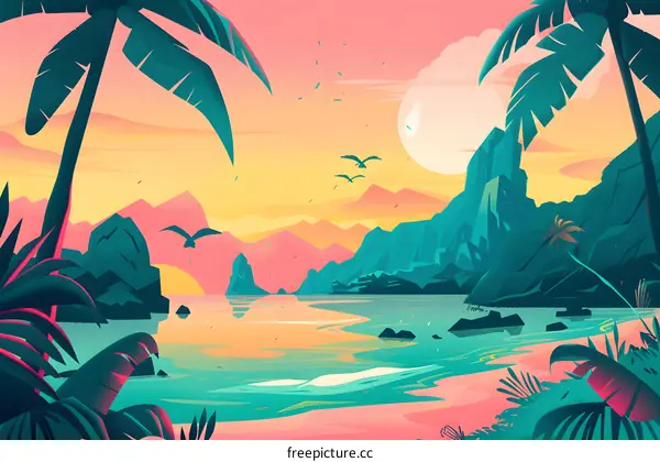 Tropical Sunset Beach Landscape Illustration