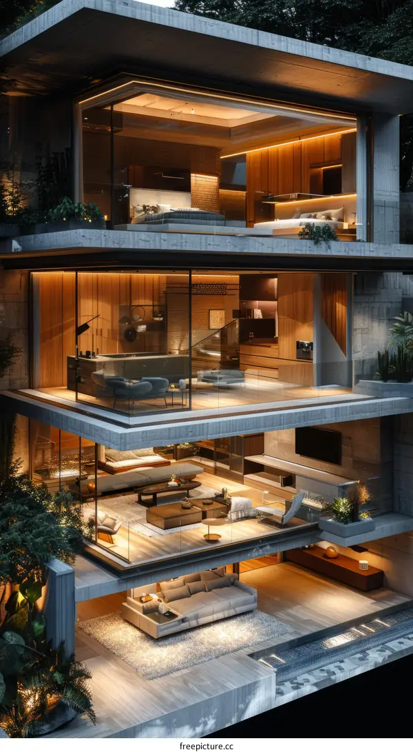 Three-story Modern House with Large Glass Windows