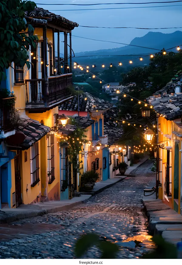 Cobblestone street at dusk in colonial town