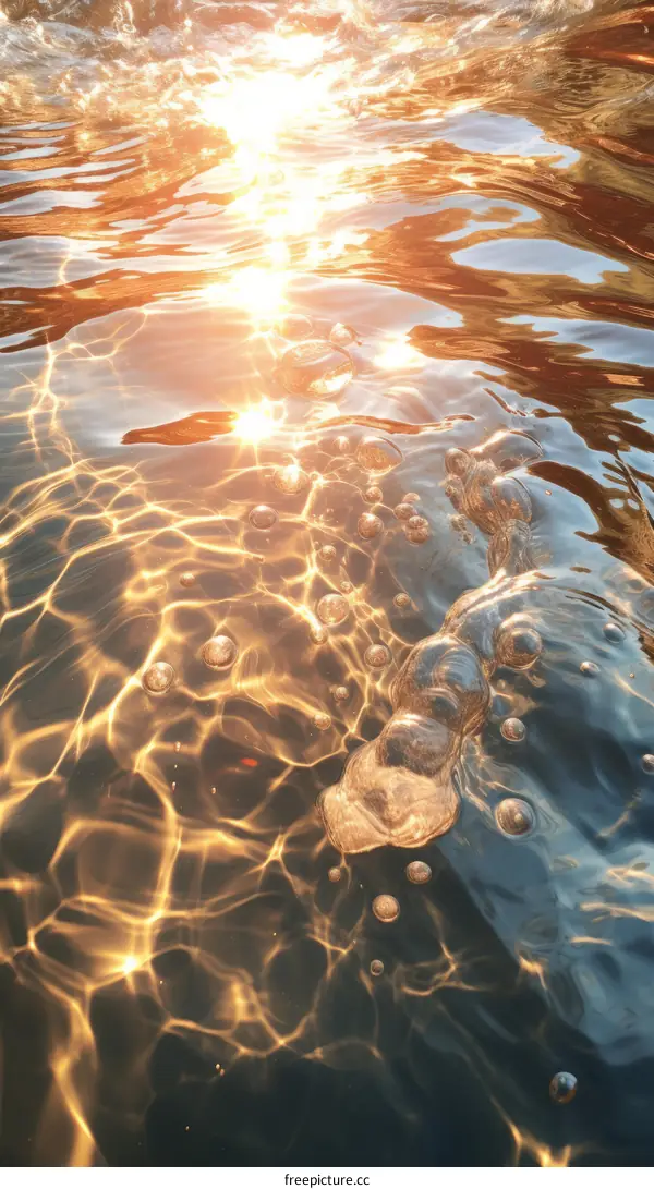 Sunlight shining through water with bubbles floating on the surface