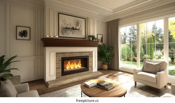 Cozy Living Room with Fireplace and Large Windows