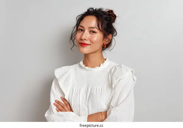 Asian Woman in White Ruffled Blouse