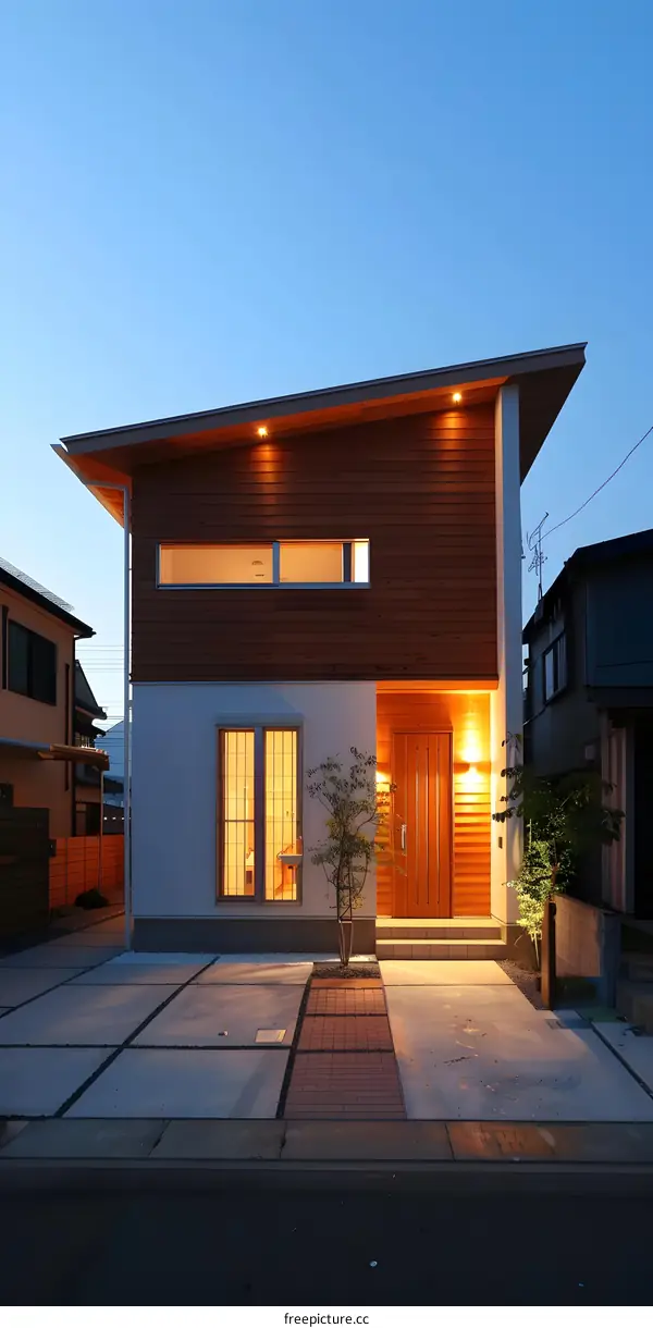 Modern House with Wooden Facade and Brick Pathway at Dusk