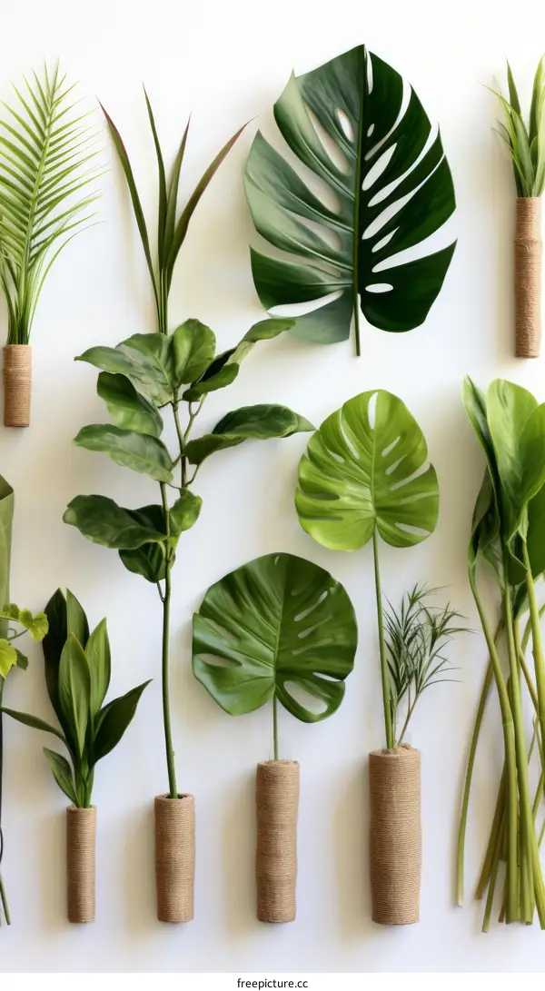 Various types of green leaves and plants in pots