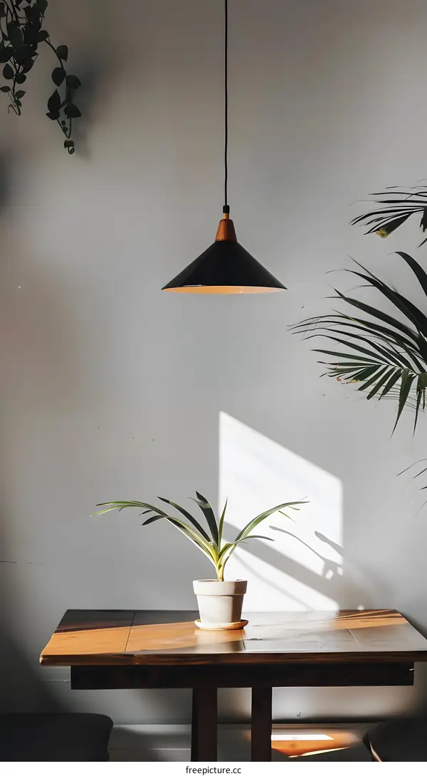 Minimalist Interior Design with Hanging Light and Plants