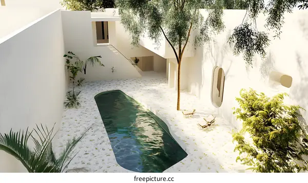 Minimalist White Courtyard With Swimming Pool