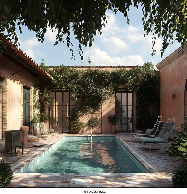 Mediterranean Courtyard Pool with Lush Greenery
