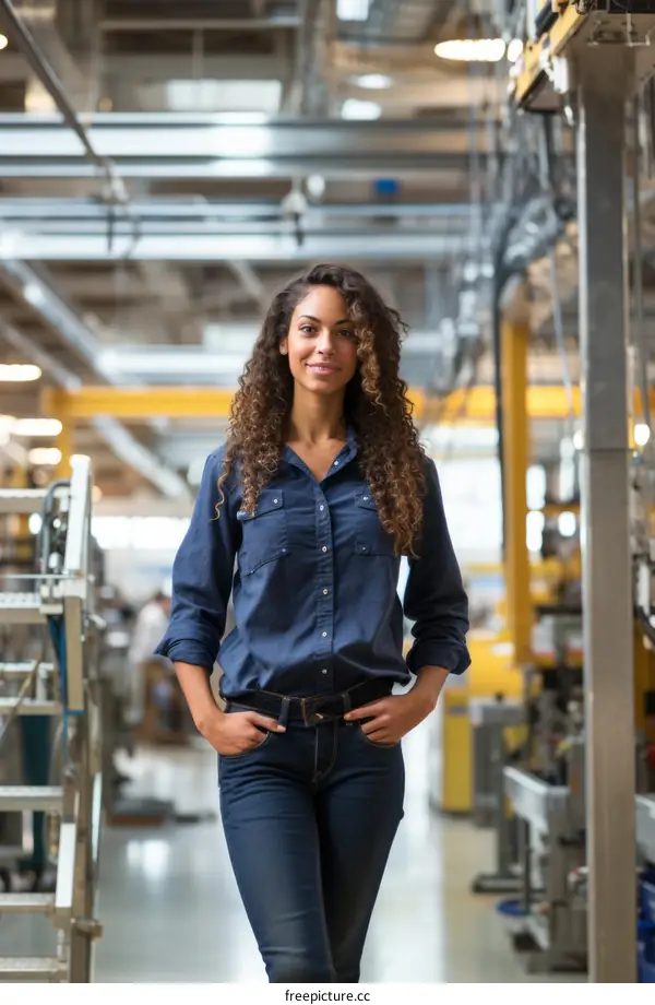 Portrait of a smiling young woman standing in a factory