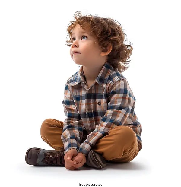 Little boy with curly hair looking up