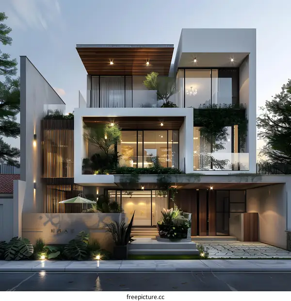 Modern House Design with Wooden Details and Green Plants