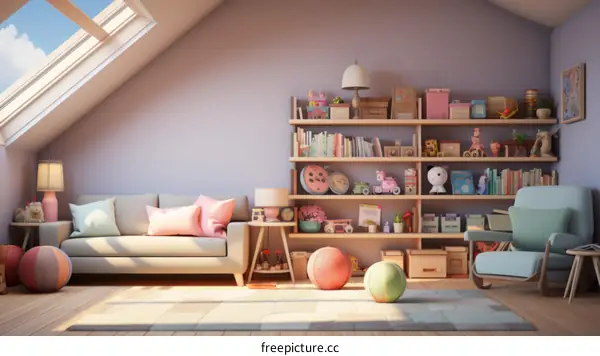 A cozy attic playroom filled with toys and books