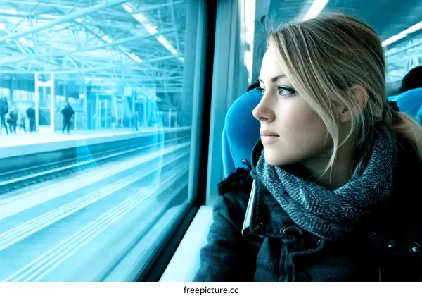 Woman Looking Out Train Window at Station