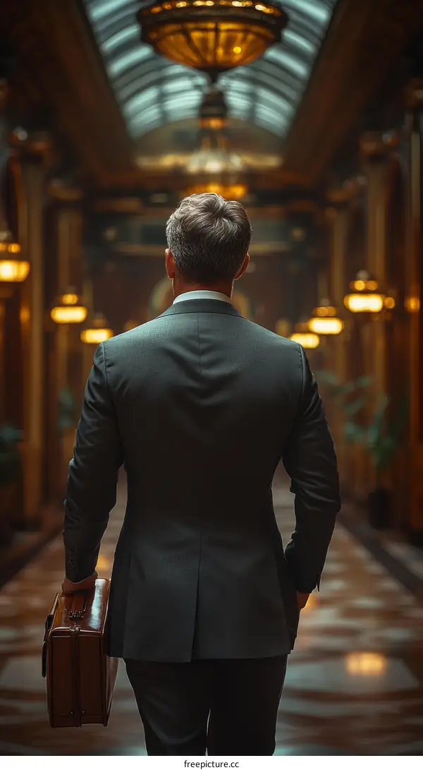 Businessman Walking Through a Grand Hallway