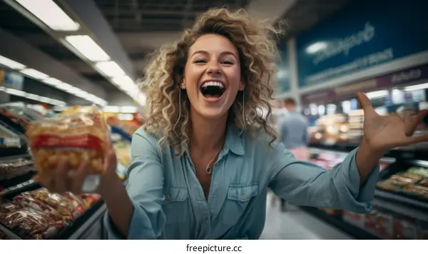 Happy woman holding groceries in supermarket