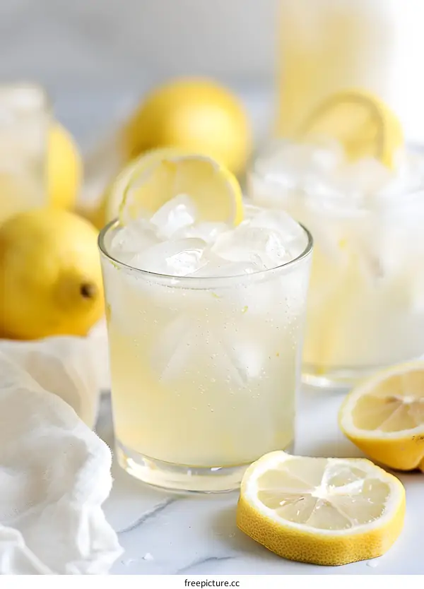 Refreshing Lemonade with Ice Cubes and Lemon Slices