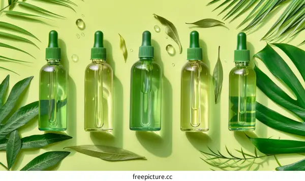 Natural skincare products with green leaves