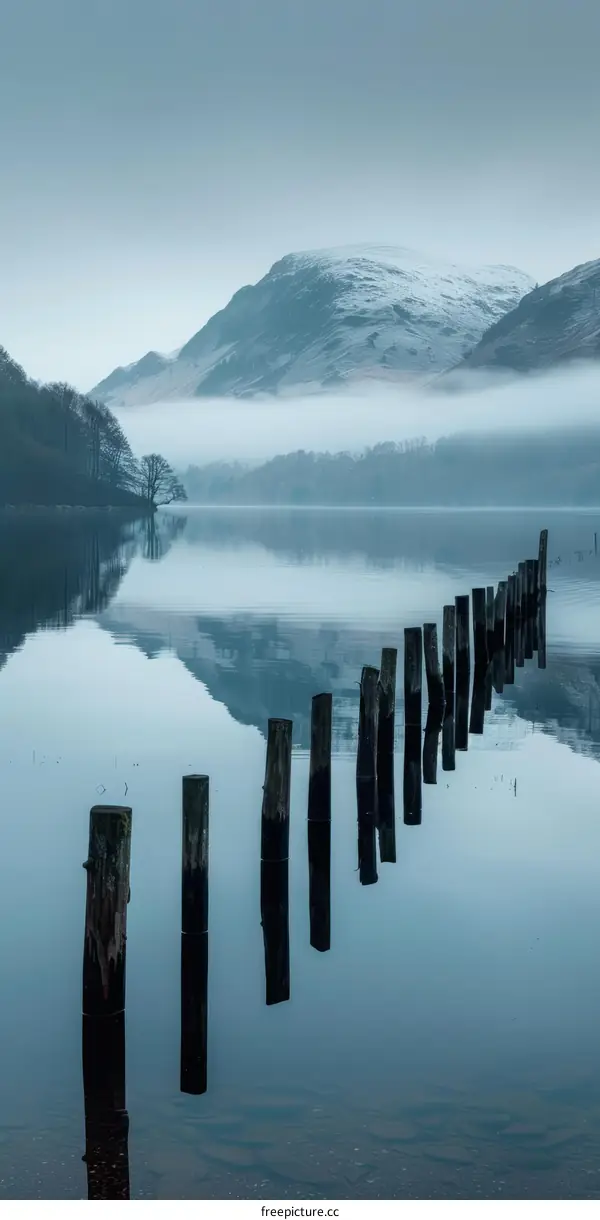 A wooden fence juts into a calm lake in front of a large snow-capped mountain.