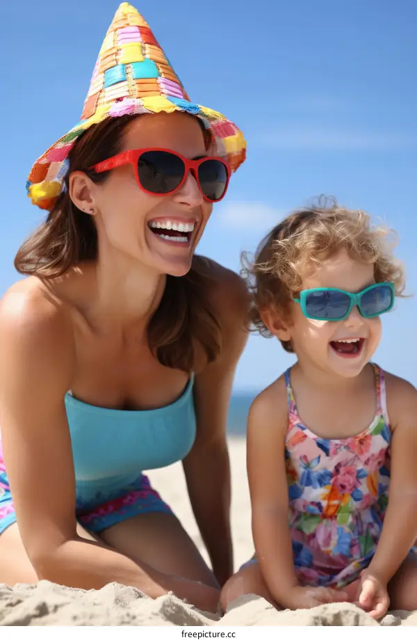 Mother and daughter laughing on the beach