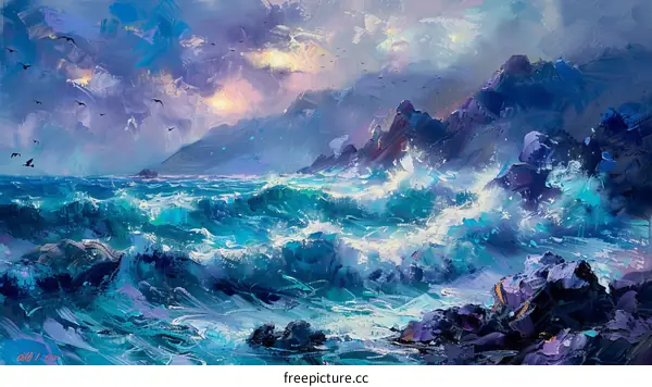 Abstract Ocean Painting with Birds in Flight