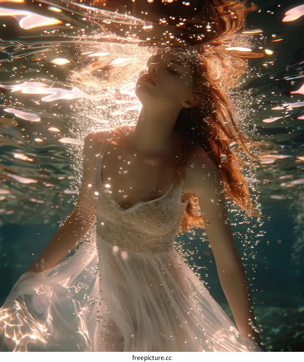 Young Woman in White Dress Underwater