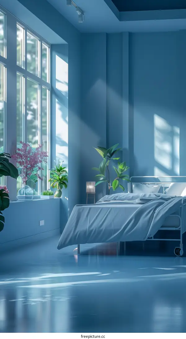 Blue modern hospital room interior with large windows